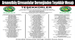 Arnavutköy Giresunlular Derneğinden Teşekkür Mesajı