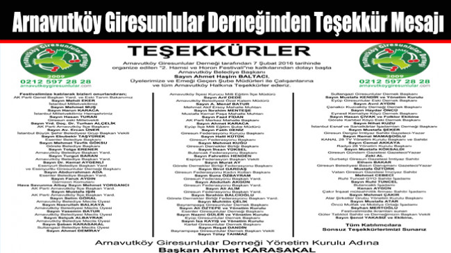 Arnavutköy Giresunlular Derneğinden Teşekkür Mesajı